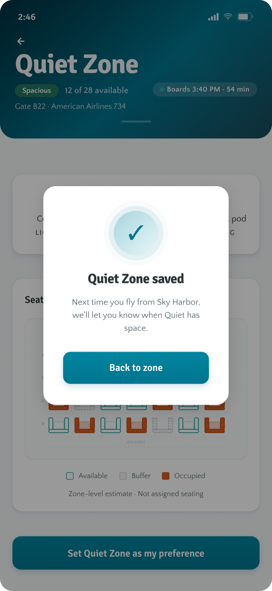 Confirmation dialog: Quiet Zone saved as the traveler's preference